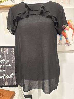 LOFT Black Short-Sleeve Ruffle Front Blouse
